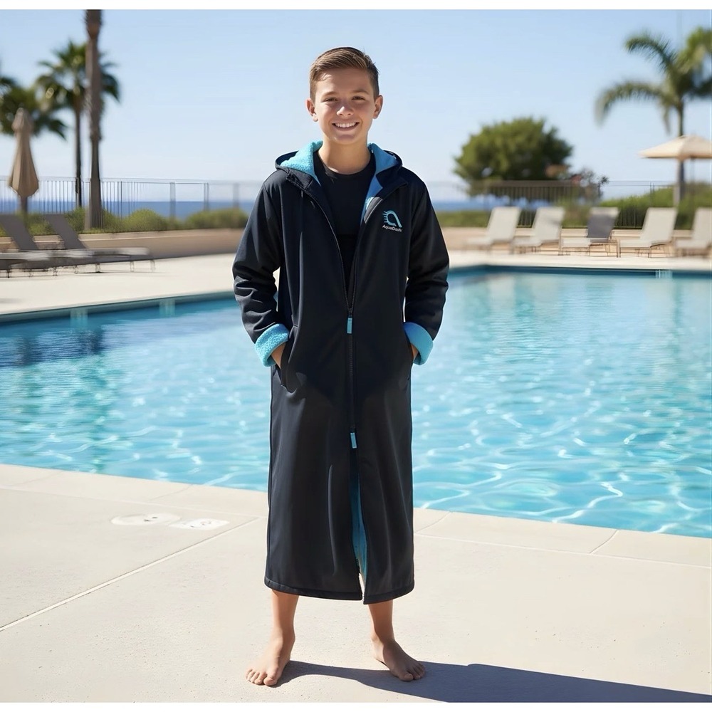 AquaDash Swim Parka Navy Blue Towel Lined Hooded Deck Coat Kids Size 8